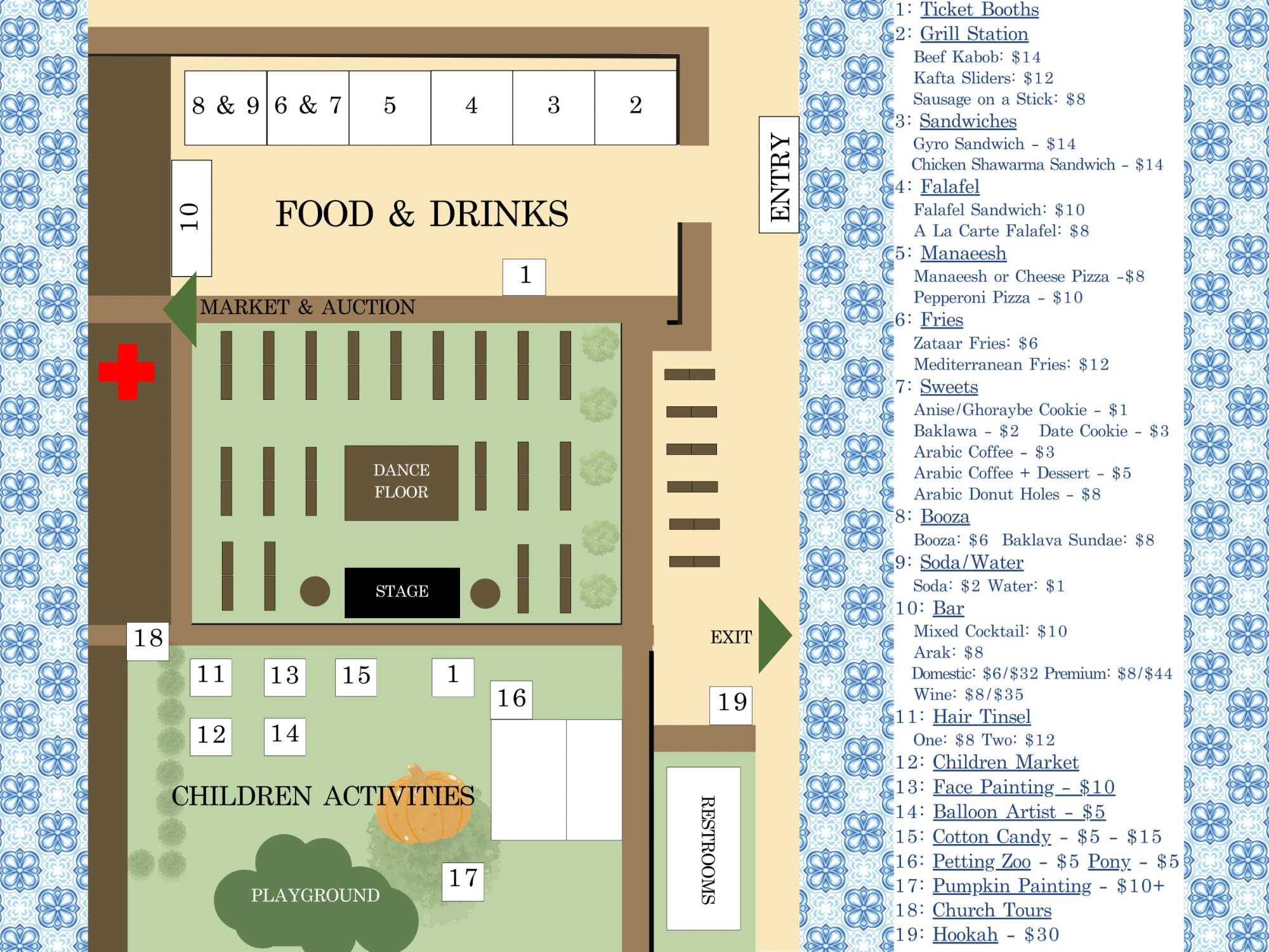 MedFest 2026 venue map showing food booths, stage, dance floor, children's activities, market, restrooms, entry and exit points